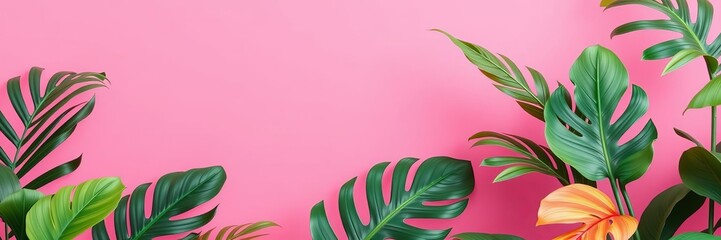 Obraz premium Exotic plants with pink backdrop and palm leaves layout mockup 3d render, minimal concept art, pink backdrop, painted palm leaves