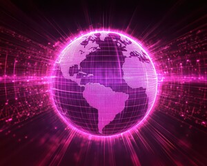 Naklejka premium Global supply chain connections illustrated as a neon network stretching across a digital 3D globe