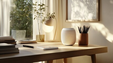A smart speaker displayed on a clean desk, styled with subtle decor and soft lighting. digital