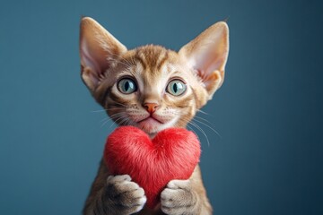 Oriental shorthair - my cherished cat. Cute oriental shorthair baby feline with fluffy red heart - emblem of love, funny greeting card. Commercial idea. Cute red animal valentine. Fluffy cat.
