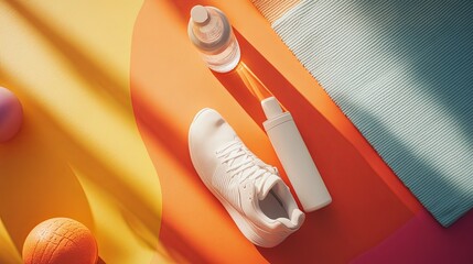 A flat lay of workout gear, including sneakers, a towel, and a water bottle on a vibrant mat. digital