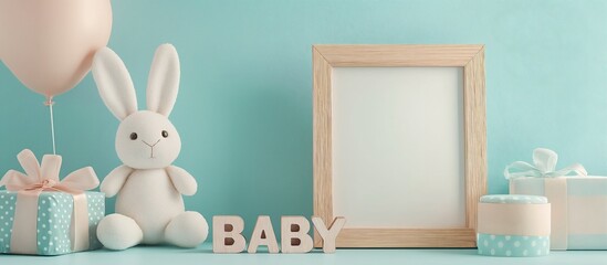 A soft pastel pregnancy announcement mockup with a blank frame, plush bunny, gifts, and balloon. Perfect for baby showers, newborn reveals, and maternity themes.