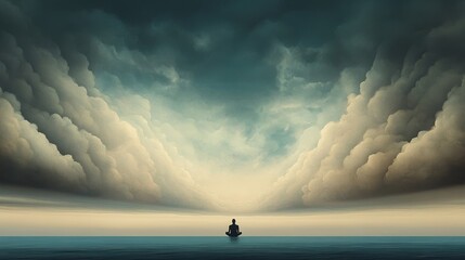 A serene beach scene at sunset, reflecting off the calm waves of the ocean. A lone figure stands silhouetted in the foreground, creating a peaceful and introspective mood.