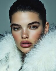 Fashion editorial portrait of European model in luxurious, modern outfit. Sexy elegant portrait of young beautiful woman in winter coat, generative AI
