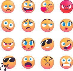A grid of expressive emoji faces showing various emotions and moods.