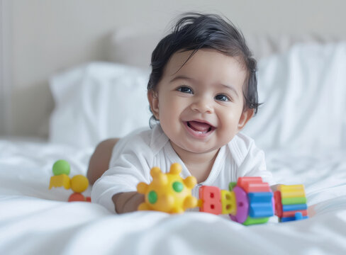 smiling indian baby in white playing with toy on bed in one hand at home