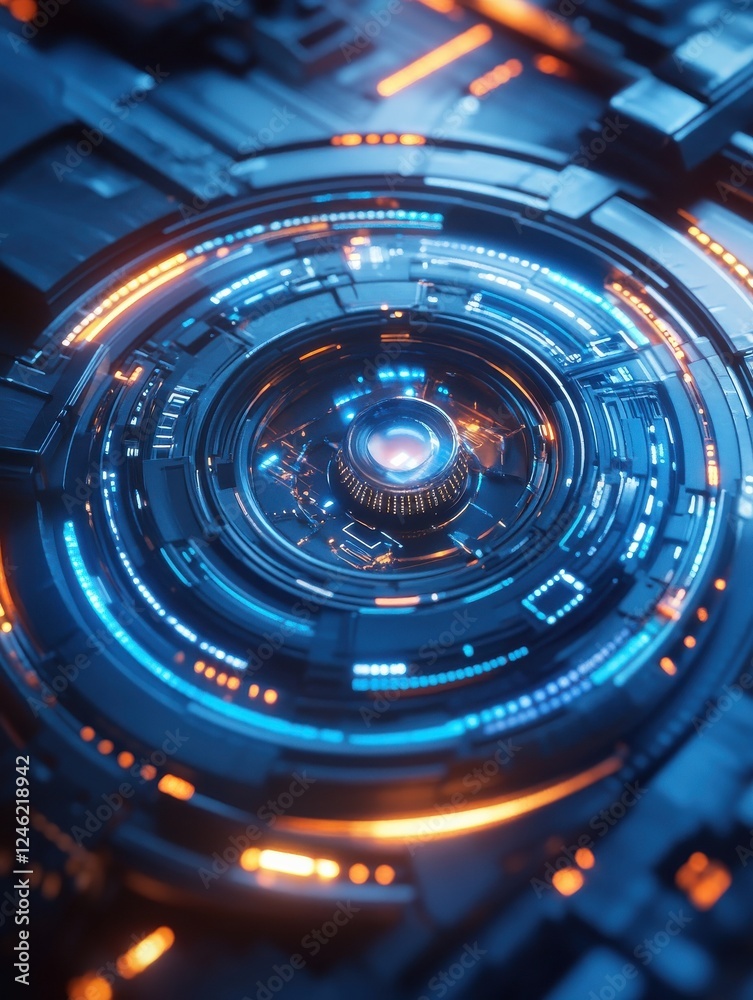 Poster an abstract blue tech interface with a circular design and digital components, perfect for concepts 