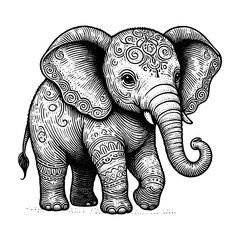 baby elephant adorned with traditional ornamental patterns, inspired by cultural and artistic motifs from India and Asia sketch engraving generative ai PNG. Scratch board. Black and white image.