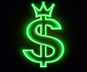 Fototapeta premium Bright green neon dollar sign with a crown symbolizing wealth and prosperity displayed against a dark background