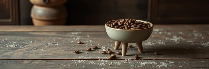 Freshly ground coffee beans in a wooden bowl on a rustic tabletop stand, atmosphere, ground, stand