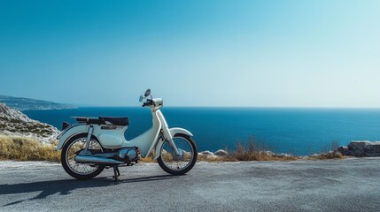 Obraz premium A minimalist motorbike parked on a coastal road with a clear blue sea in the background. digital