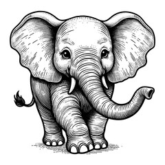 baby elephant adorned with traditional ornamental patterns, inspired by cultural and artistic motifs from India and Asia sketch engraving generative ai PNG. Scratch board. Black and white image.