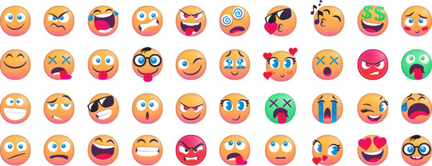 Collection of various emoji faces displaying different emotions and expressions.