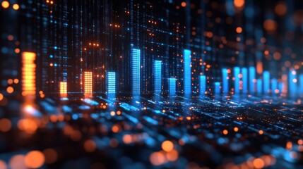 Fototapeta premium Abstract digital data visualization with glowing bars and bokeh.