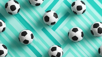 Pattern of soccer balls on teal background.