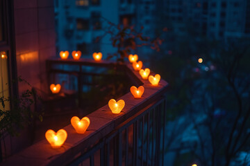 Warm heart-shaped lights adorning a balcony overlooking a city at dusk create a cozy atmosphere
