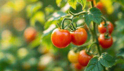 Vibrant Cherry Tomatoes Ripening on the Vine in a Lush Garden Setting