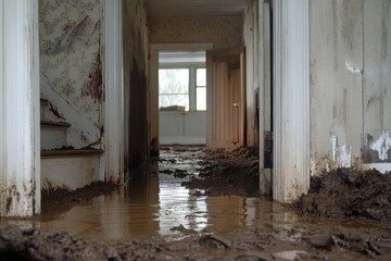 Flooded home entrance shows muddy water intrusion after heavy rain. Generative AI