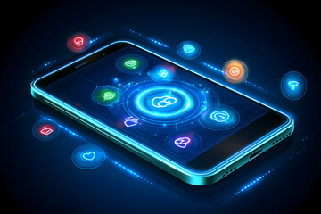 Futuristic smartphone interface showcasing glowing app icons and network connections, vibrant blue and neon lighting.