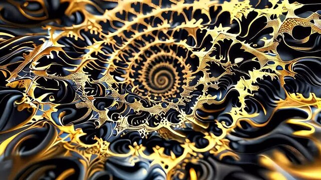 Intricate Fractal Pattern in Metallic Gold and Black Mesmerizing Geometric Spirals in 4K, Elegant Metallic Gold and Black Fractal Design Geometric Spiral Patterns in Motion