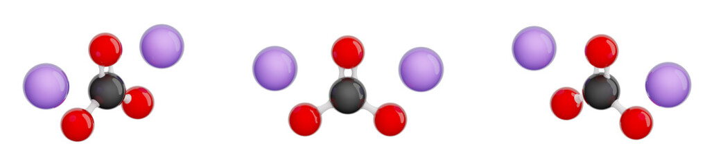 Molecule of Lithium carbonate. Set of views. Molecular formula: Li2CO3. Chemical model: Ball and stick. Isolated. White background. 3D illustration