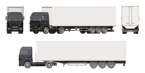 Set of views of black European truck with a white enclosed trailer. Isolated on transparent background. 3D illustration