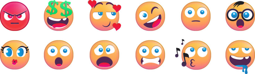 Collection of expressive emoji faces displaying various emotions and moods.