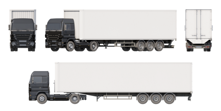 Set of views of black European truck with a white enclosed trailer. Isolated on transparent background. 3D illustration