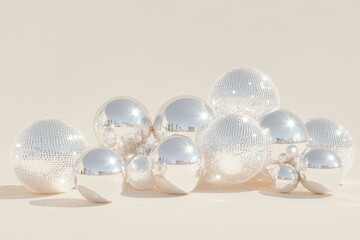 Cluster of Disco Balls Reflecting Light Against a Neutral Background Creating a Sparkling Minimalist Effect
