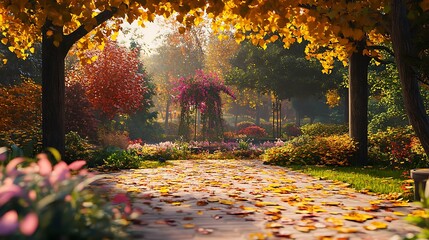 Obraz premium dreamy autumn pathway coated in a rainbow of fallen leaves