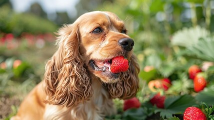 A playful dog joyfully enjoying a strawberry in a vibrant field during a sunny day