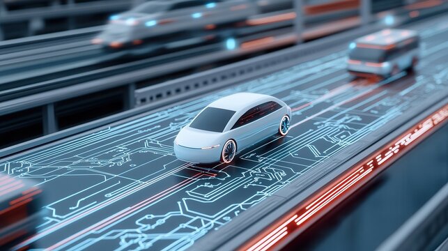 A high tech transportation hub with autonomous vehicles and trains, AI algorithms managing real time data flow between systems, represented