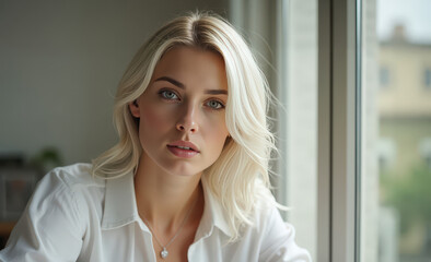 Fototapeta premium Young woman with blonde hair and blue eyes portrait in bright indoor setting