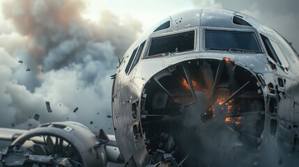 Damaged aircraft nose section with broken windshield and scattered debris, plane crush concept