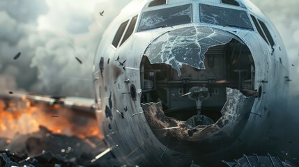 Damaged aircraft nose section with broken windshield and scattered debris, plane crush concept