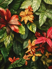 Naklejka premium Tropical green leaves background with lush foliage and vibrant colors, colors, exotic