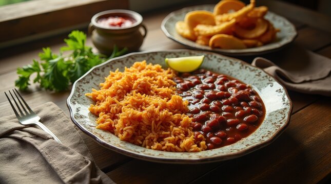 Vibrant Cuban meal setup featuring moros y cristianos rice and beans