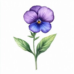 Purple Pansy Watercolor Painting: A delicate watercolor painting of a single pansy, showcasing its vibrant purple and blue hues, intricate details, and graceful stem and leaves.