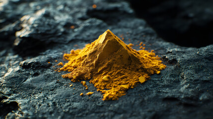 A small mound of turmeric powder on a dark black stone surface, its bright golden yellow hue standing out vividly against the dark backdrop.