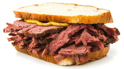 A Montreal-style smoked meat sandwich with thick-cut, juicy smoked beef piled high on rye bread with mustard, served on a white isolated background