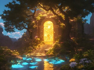 A golden magical portal on an ancient island connected to an ancient city from a fairy tale