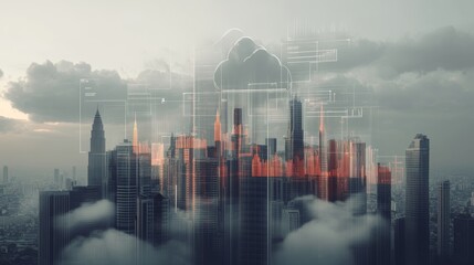 Cloud service for files storage and transfer hologram hud, Bangkok night city skyline double exposure. Concept of global data processing, backup and synchronization