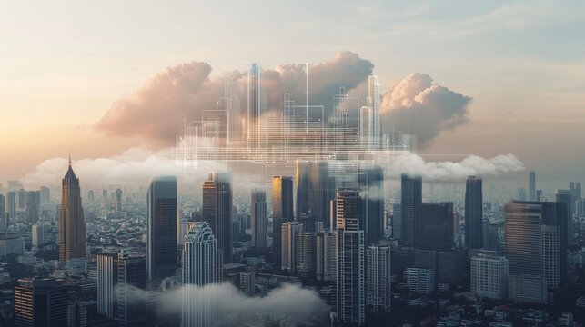 Cloud service for files storage and transfer hologram hud, Bangkok night city skyline double exposure. Concept of global data processing, backup and synchronization