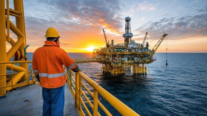 Oil rig operations at sunset offshore industrial facility oceanic environment scenic viewpoint energy production