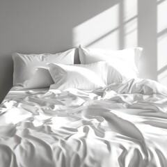 Serene white bedding with soft, scattered pillows.