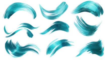 Teal brush strokes set. Paint smears artistic elements. Design texture isolated on white. Abstract art background. Decorative wallpaper pattern.