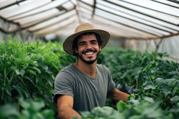Greenhouse filled with lush plants and a smiling farmer enjoying his work. Generative AI