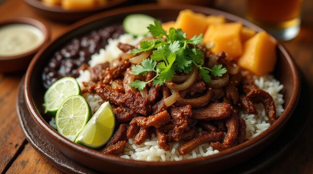 Crispy shredded beef served on rice with black beans and fresh lime