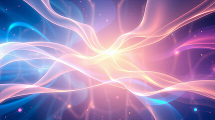 Fototapeta premium A background of abstract swirls in shades of pink, blue, and yellow. Glowing lines and dots flow through the background, creating a visually striking and dynamic composition