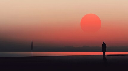 A serene beach scene at sunset, reflecting off the calm waves of the ocean. A lone figure stands silhouetted in the foreground, creating a peaceful and introspective mood.